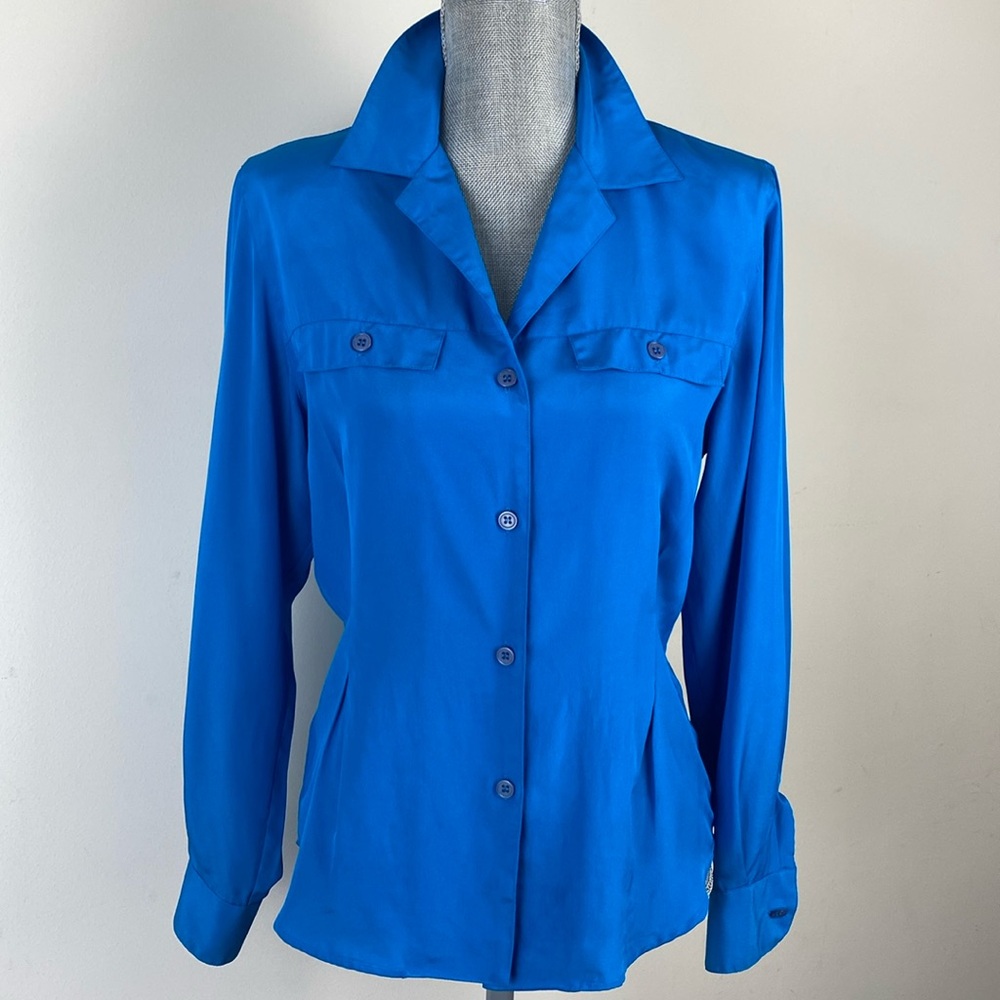 Vintage Christian Dior Pleated Detail Silky Button Down Blouse Blue Size Small 4